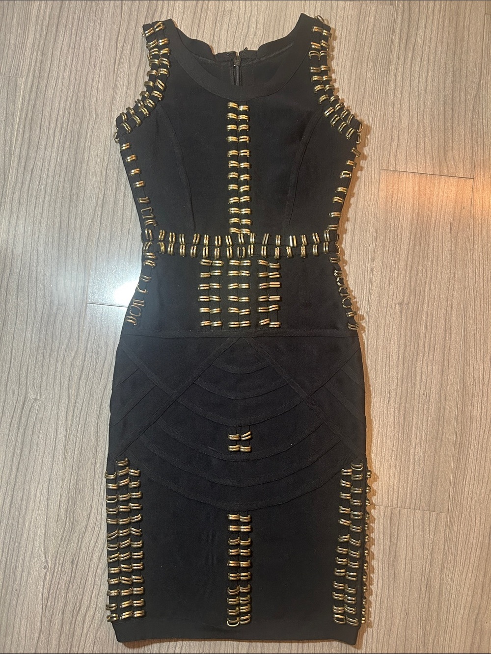 Stunning Designer Bandage Dress with Gold Accents, size P (fits XXS/XS/S)